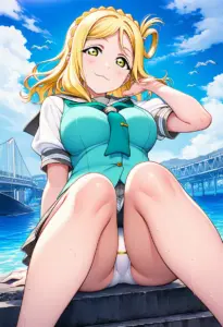 海辺にいる夏服姿の小原鞠莉の座りパンチラ