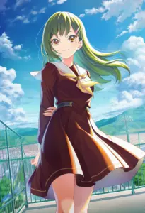 屋上にいる冬服姿の大賀美沙知