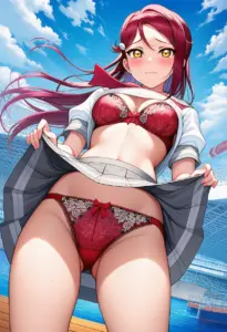 海辺で下着を露出させられる夏服姿の桜内梨子