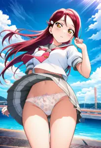 海辺にいる夏服姿の桜内梨子のパンチラ