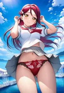 海辺にいる夏服姿の桜内梨子のパンチラ