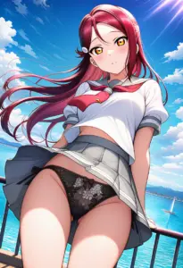 海辺にいる夏服姿の桜内梨子のパンチラ