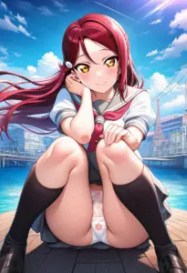 海辺にいる夏服姿の桜内梨子の座りパンチラ