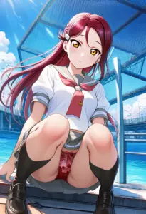 海辺にいる夏服姿の桜内梨子の座りパンチラ