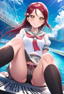 海辺にいる夏服姿の桜内梨子の座りパンチラ
