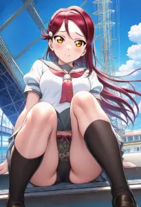 海辺にいる夏服姿の桜内梨子の座りパンチラ