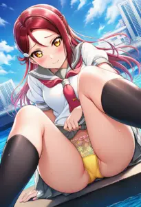 海辺にいる夏服姿の桜内梨子の座りパンチラ
