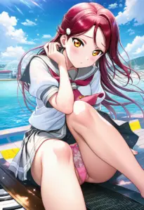 海辺にいる夏服姿の桜内梨子の座りパンチラ