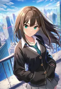 屋上にいる制服姿の渋谷凛