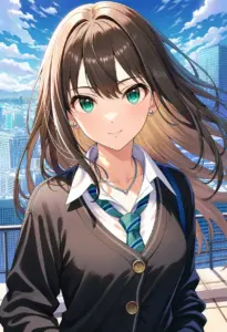 屋上にいる制服姿の渋谷凛、バストアップ