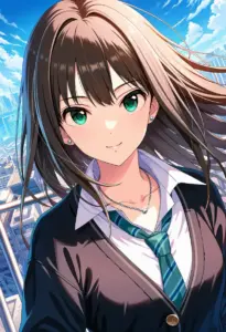 屋上にいる制服姿の渋谷凛、バストアップ