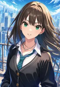 屋上にいる制服姿の渋谷凛、バストアップ