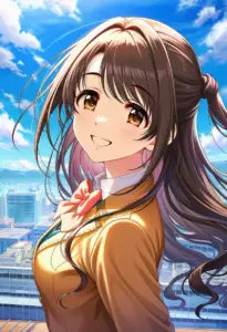 屋上にいる制服姿の島村卯月、バストアップ