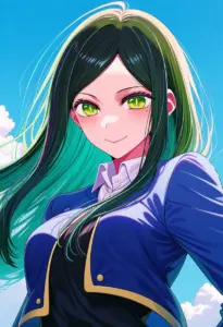 屋上にいる制服姿の不知火フリル、バストアップ