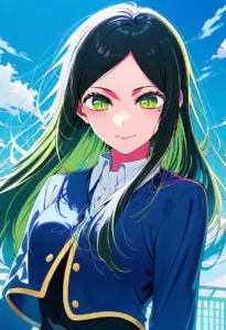 屋上にいる制服姿の不知火フリル、バストアップ