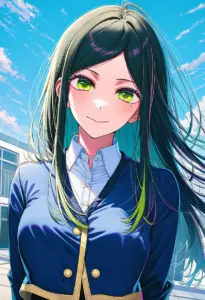 屋上にいる制服姿の不知火フリル、バストアップ