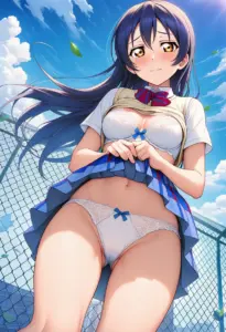 屋上で下着を露出させられる夏服姿の園田海未