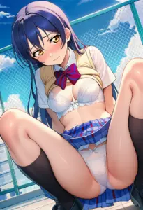 屋上で下着を露出させられる夏服姿の園田海未