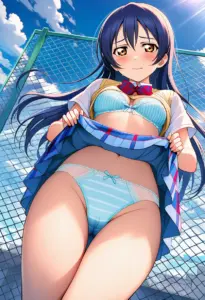 屋上で下着を露出させられる夏服姿の園田海未