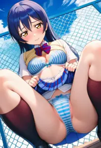屋上で下着を露出させられる夏服姿の園田海未