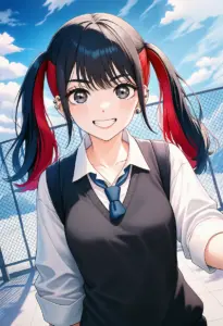 屋上にいる夏服姿の菅谷乃羽、バストアップ