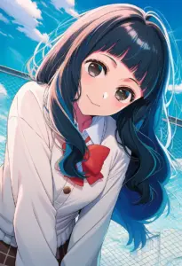 屋上にいる制服姿の鷲見ゆき、バストアップ