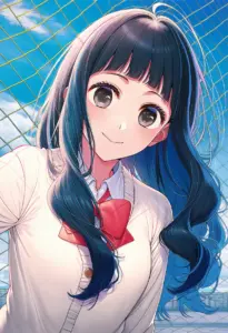 屋上にいる制服姿の鷲見ゆき、バストアップ