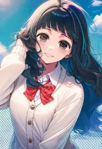 屋上にいる制服姿の鷲見ゆき、バストアップ