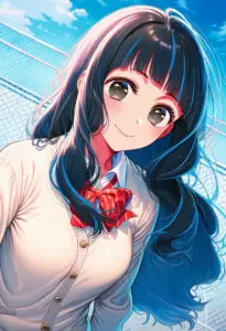 屋上にいる制服姿の鷲見ゆき、バストアップ