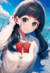 屋上にいる制服姿の鷲見ゆき、バストアップ