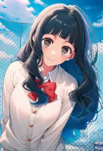屋上にいる制服姿の鷲見ゆき、バストアップ