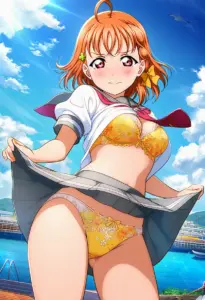 海辺で下着を露出させられる夏服姿の高海千歌