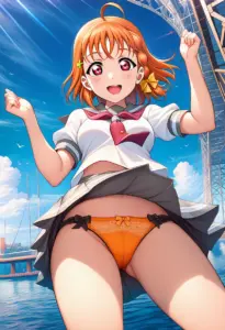 海辺にいる夏服姿の高海千歌のパンチラ