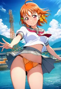 海辺にいる夏服姿の高海千歌のパンチラ