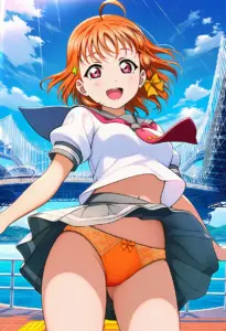 海辺にいる夏服姿の高海千歌のパンチラ
