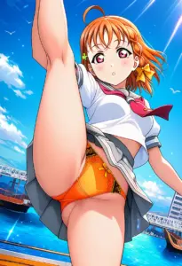 海辺にいる夏服姿の高海千歌のパンチラ
