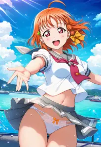 海辺にいる夏服姿の高海千歌のパンチラ