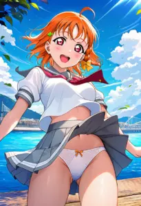 海辺にいる夏服姿の高海千歌のパンチラ