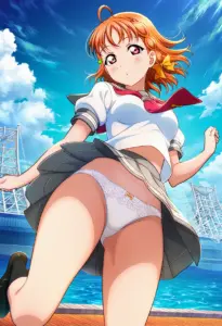 海辺にいる夏服姿の高海千歌のパンチラ