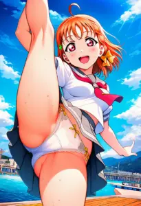 海辺にいる夏服姿の高海千歌のパンチラ