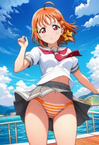 海辺にいる夏服姿の高海千歌のパンチラ