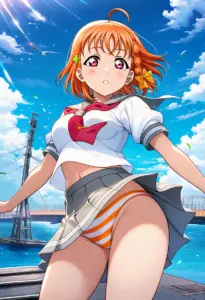 海辺にいる夏服姿の高海千歌のパンチラ