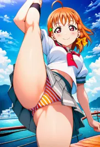 海辺にいる夏服姿の高海千歌のパンチラ