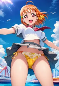 海辺にいる夏服姿の高海千歌のパンチラ
