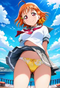 海辺にいる夏服姿の高海千歌のパンチラ