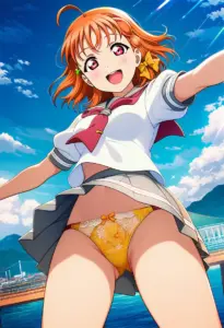 海辺にいる夏服姿の高海千歌のパンチラ
