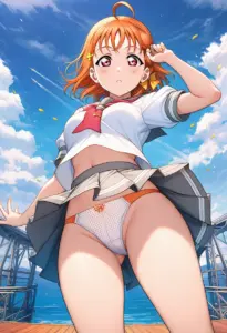 海辺にいる夏服姿の高海千歌のパンチラ