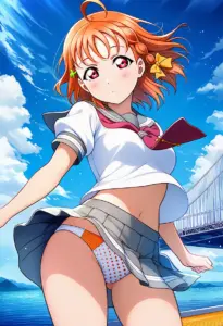 海辺にいる夏服姿の高海千歌のパンチラ