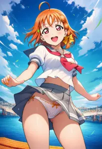 海辺にいる夏服姿の高海千歌のパンチラ