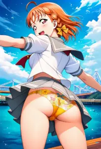海辺にいる夏服姿の高海千歌の背面パンチラ